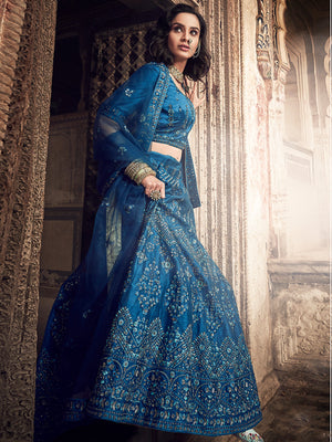Rajwada Women Dark Blue Embroidered Art Silk Semi Stitched Lehenga With Unstitched Blouse