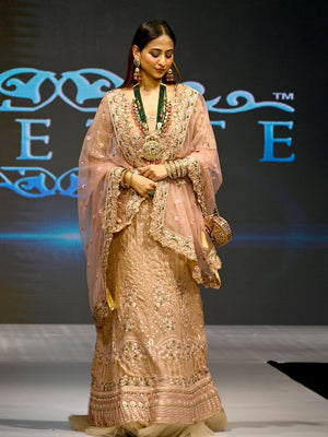 Rajwada Women Peach Georgette Semi Stitched Lehenga With Unstitched Blouse