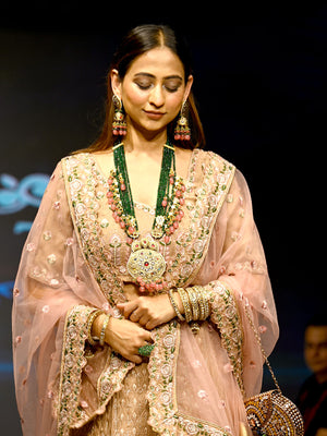 Rajwada Women Peach Georgette Semi Stitched Lehenga With Unstitched Blouse