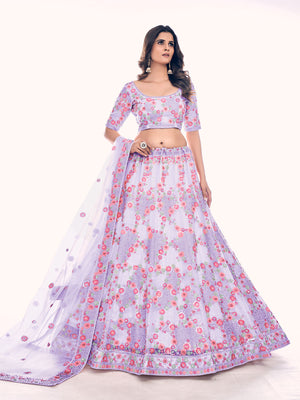 Rajwada Lavender Embroidered Soft Net Semi Stitched Lehenga With Blouse For Women