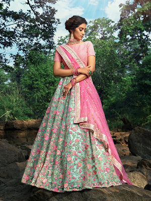 Rajwada Women Sea Green Stunning Semi Stitched Lehenga With  Unstitched Blouse