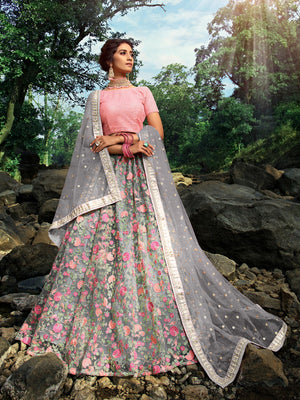 Rajwada Women Grey Designer Semi Stitched Lehenga With Unstitched Blouse