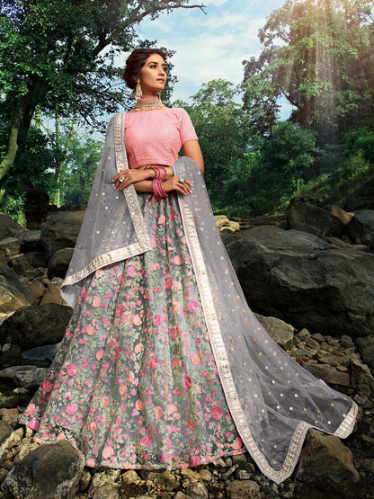 Rajwada Women Grey Designer Semi Stitched Lehenga With Unstitched Blouse