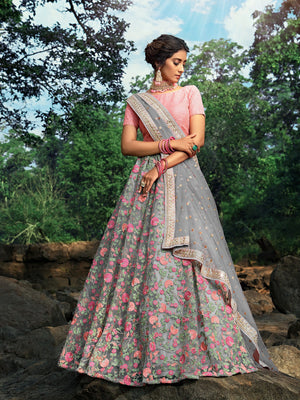Rajwada Women Grey Designer Semi Stitched Lehenga With Unstitched Blouse