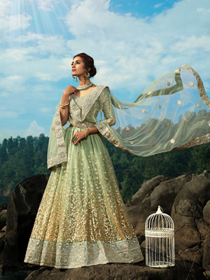 Rajwada Women Green Sequins Sassy Semi Stitched Lehenga With Unstitched Blouse