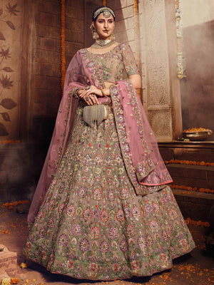 Rajwada Women Beige Embroidered Georgette Semi Stitched Lehenga With Unstitched Blouse