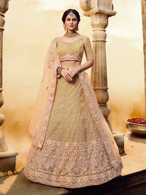 Rajwada Women Gold Embroidered Soft Net Semi Stitched Lehenga With Unstitched Blouse