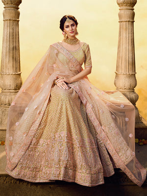 Rajwada Women Gold Embroidered Soft Net Semi Stitched Lehenga With Unstitched Blouse
