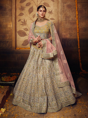 Rajwada Women Olive Embroidered Soft Net Semi Stitched Lehenga With Unstitched Blouse