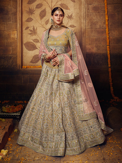 Rajwada Women Olive Embroidered Soft Net Semi Stitched Lehenga With Unstitched Blouse