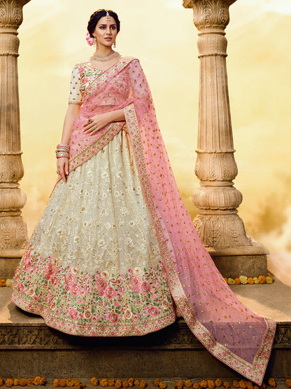 Rajwada Women White Embroidered Georgette Semi Stitched Lehenga With Unstitched Blouse