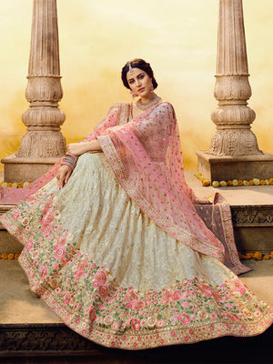 Rajwada Women White Embroidered Georgette Semi Stitched Lehenga With Unstitched Blouse