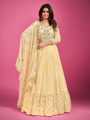 Rajwada Yellow Georgette Embroidered Stitched Gown With Dupatta For Women