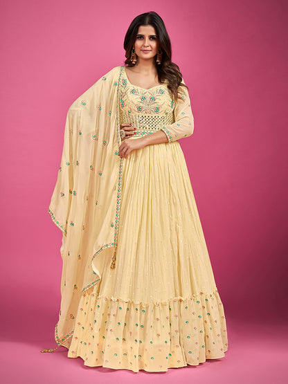 Rajwada Yellow Georgette Embroidered Stitched Gown With Dupatta For Women