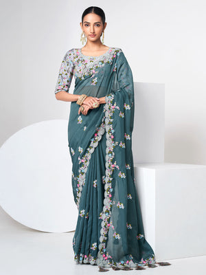 Rajwada Women Blue Organza Saree With Unstitched Blouse