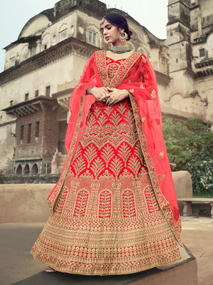 Rajwada Women Red Embroidered Semi Stitched Lehenga With Unstitched Blouse