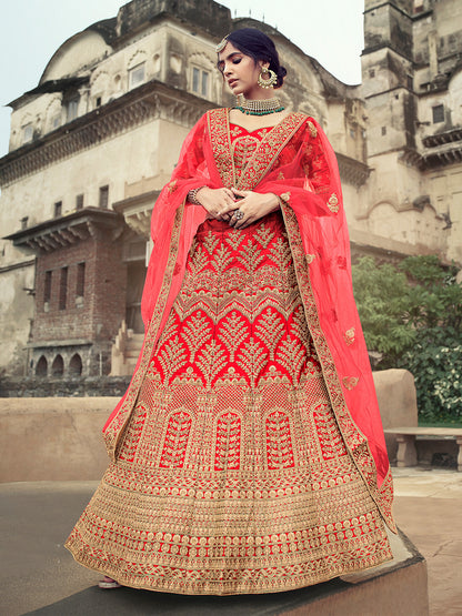 Rajwada Women Red Embroidered Semi Stitched Lehenga With Unstitched Blouse