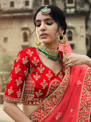 Rajwada Women Red Embroidered Semi Stitched Lehenga With Unstitched Blouse