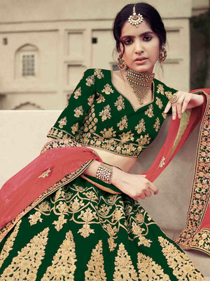 Rajwada Women Green Embroidered Semi Stitched Lehenga With Unstitched Blouse