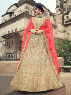 Rajwada Women Beige Embroidered Semi Stitched Lehenga With Unstitched Blouse
