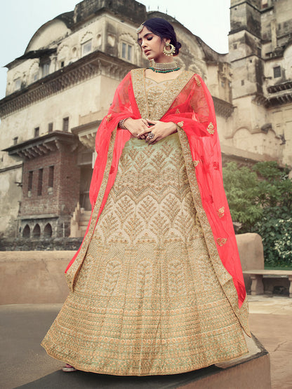 Rajwada Women Beige Embroidered Semi Stitched Lehenga With Unstitched Blouse