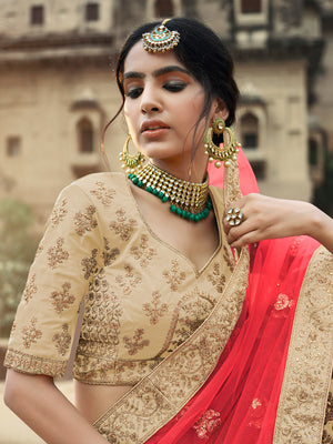 Rajwada Women Beige Embroidered Semi Stitched Lehenga With Unstitched Blouse