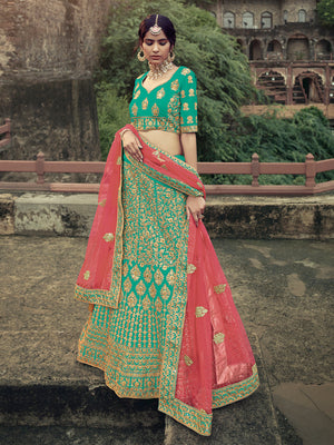 Rajwada Women Green Embroidered Semi Stitched Lehenga With Unstitched Blouse