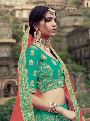 Rajwada Women Green Embroidered Semi Stitched Lehenga With Unstitched Blouse