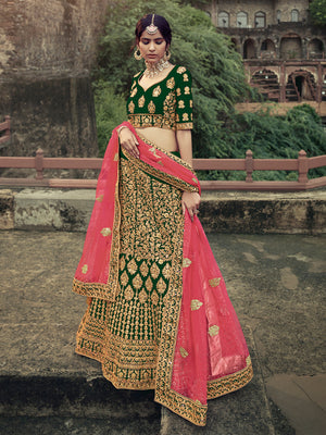 Rajwada Women Dark Green Embroidered Semi Stitched Lehenga With Unstitched Blouse