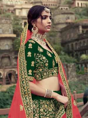 Rajwada Women Dark Green Embroidered Semi Stitched Lehenga With Unstitched Blouse