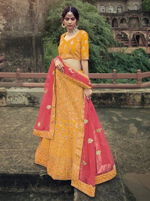 Rajwada Women Yellow Embroidered Semi Stitched Lehenga With Unstitched Blouse
