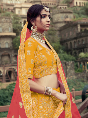 Rajwada Women Yellow Embroidered Semi Stitched Lehenga With Unstitched Blouse