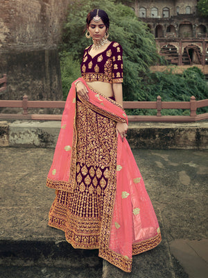 Rajwada Women Purple Embroidered Semi Stitched Lehenga With Unstitched Blouse