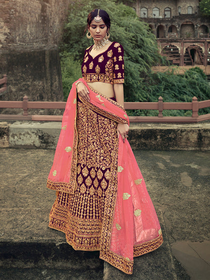 Rajwada Women Purple Embroidered Semi Stitched Lehenga With Unstitched Blouse