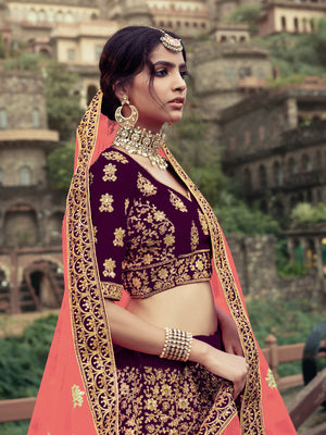 Rajwada Women Purple Embroidered Semi Stitched Lehenga With Unstitched Blouse