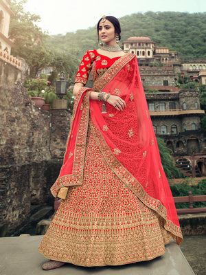 Rajwada Women Red Embroidered Semi Stitched Lehenga With Unstitched Blouse