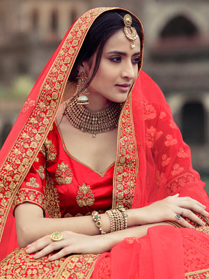 Rajwada Women Red Embroidered Semi Stitched Lehenga With Unstitched Blouse