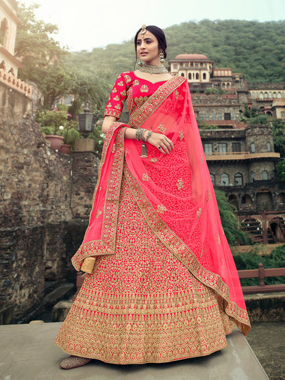 Rajwada Women Pink Embroidered Semi Stitched Lehenga With Unstitched Blouse