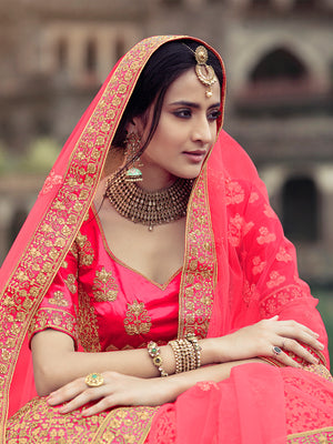 Rajwada Women Pink Embroidered Semi Stitched Lehenga With Unstitched Blouse
