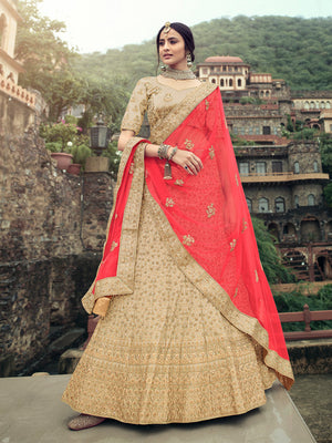 Rajwada Women Beige Embroidered Semi Stitched Lehenga With Unstitched Blouse