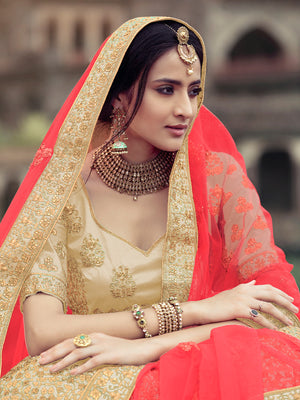 Rajwada Women Beige Embroidered Semi Stitched Lehenga With Unstitched Blouse