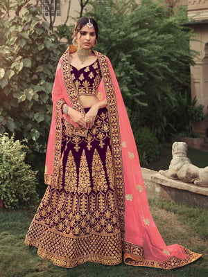 Rajwada Women Purple Semi Stitched Embroidered Lehenga With Unstitched Blouse