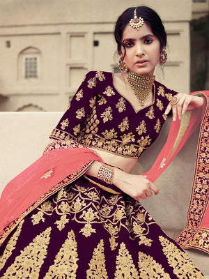 Rajwada Women Purple Semi Stitched Embroidered Lehenga With Unstitched Blouse