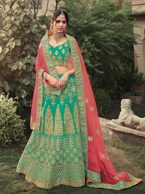 Rajwada Women Green Embroidered Semi Stitched Lehenga With Unstitched Blouse