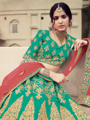 Rajwada Women Green Embroidered Semi Stitched Lehenga With Unstitched Blouse