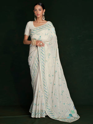 Rajwada - Classic White Georgette Embroidered Saree With Unstitched Blouse