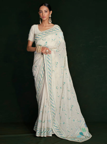 Rajwada - Classic White Georgette Embroidered Saree With Unstitched Blouse