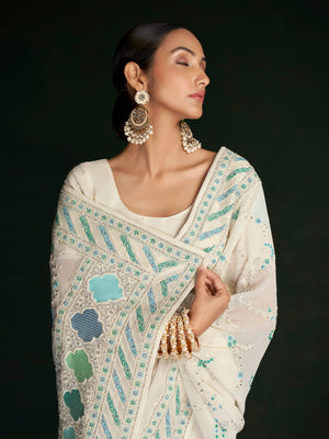 Rajwada - Classic White Georgette Embroidered Saree With Unstitched Blouse