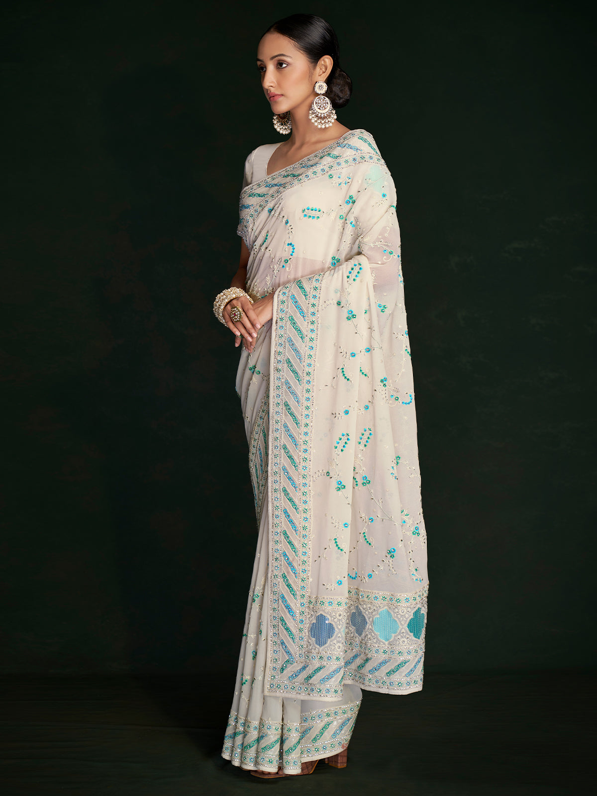 Rajwada - Classic White Georgette Embroidered Saree With Unstitched Blouse