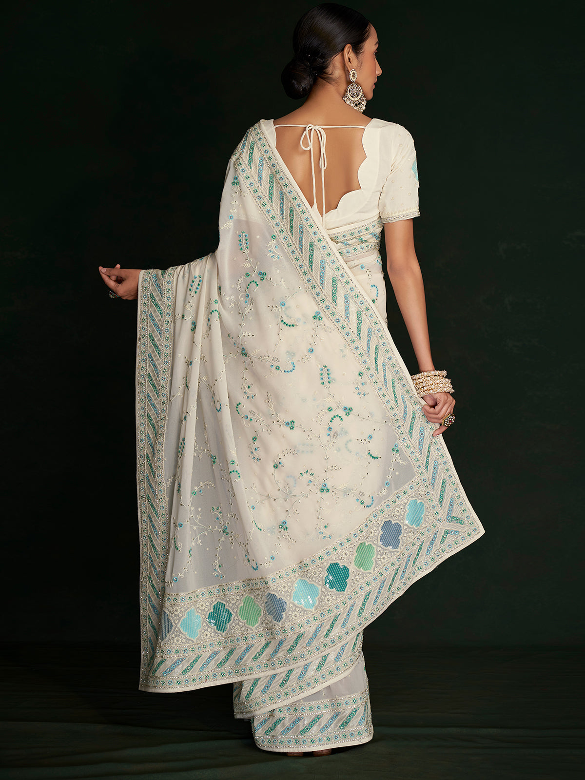Rajwada - Classic White Georgette Embroidered Saree With Unstitched Blouse